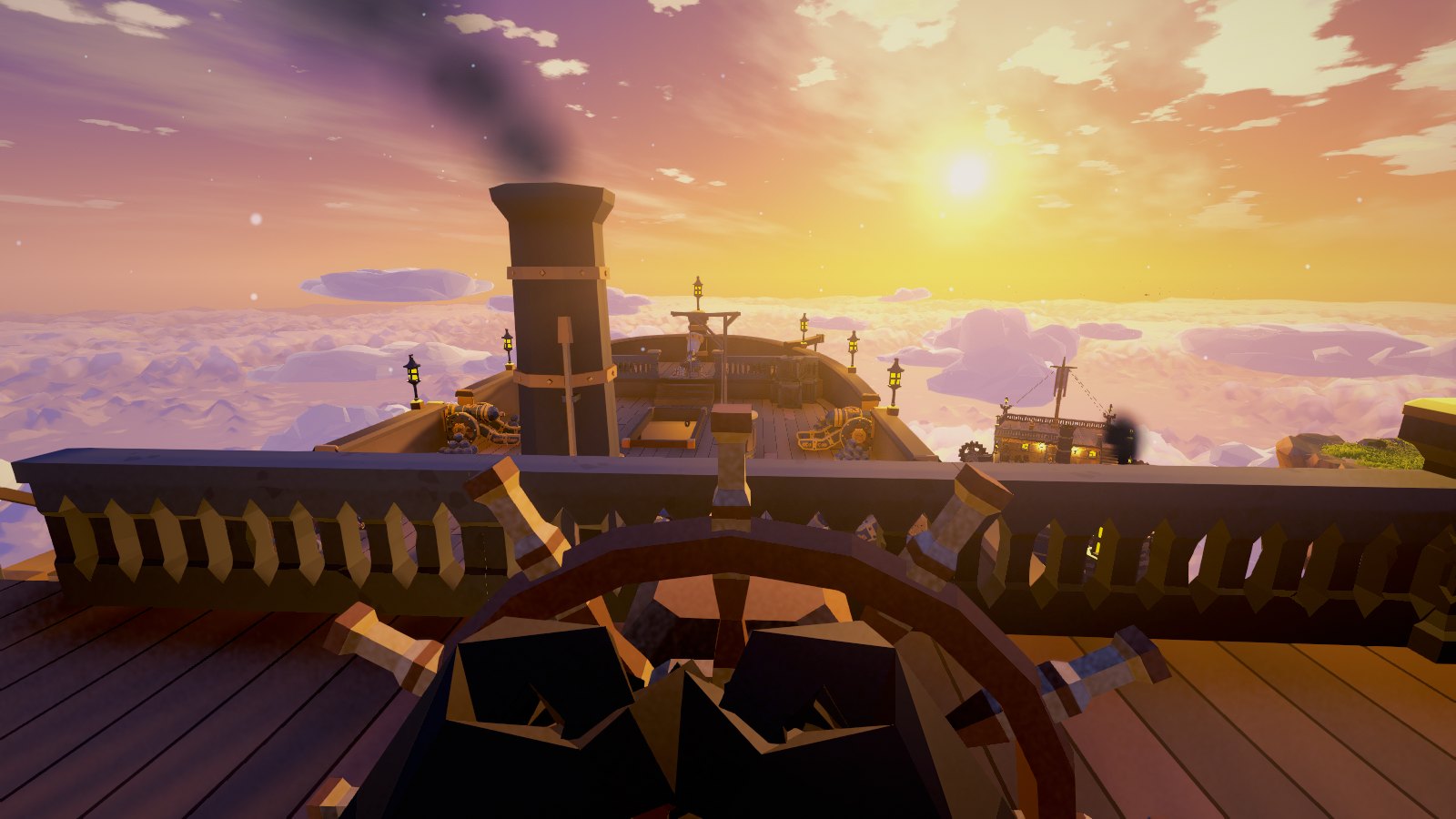 First-person view from the ship's wheel at sunset